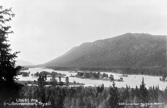 Foto tatt fra Bruarbrekka nordover mot Trysilelva. Postkort fra Normann 1917.